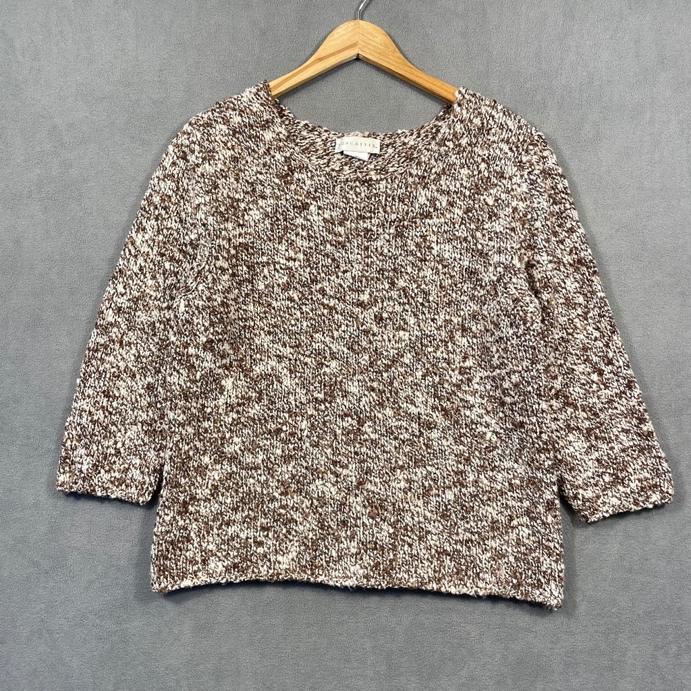 DONCASTER Women’s Large Brown White Marled Chunky Knit Merino Wool Sweater
